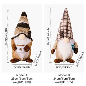 Detailed size chart showing dimensions for coffee themed gnome dolls with stripe and plaid hats