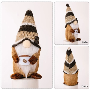 Detailed views showing front, side, and back of a coffee gnome plush with a striped hat