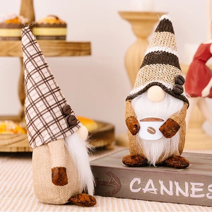 Handcrafted coffee gnomes set with knitted hats and plush textures for home decor