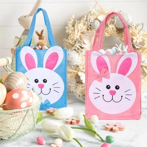 Sacs cadeau de Pâques lapin en toile de jute bleue et rose avec oreilles en peluche