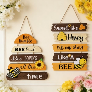 Bee Day Wooden Hanging Sign Decorative Sunflower Bumblebee Wall Decor Farmhouse Rustic Welcome Plaque For Home Front Door