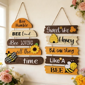 Rustic wooden bee door hangers with sunflower designs and Bee Humble text for home decor
