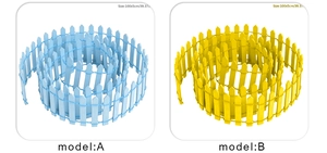 Detail of 100x5cm miniature garden wooden fences in blue and yellow models