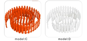 Detail view of 100x5cm mini wooden garden edging fences in orange and white colors