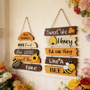 Two-piece wooden beehive door hanger with sunflower and honey bee rustic home decor