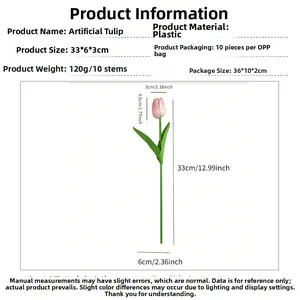 Detailed size specifications for pink PU faux tulips with clear stem measurements