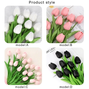 Detailed grid view of artificial PU tulips in white, pink, and modern black colors