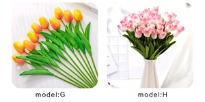 Detail view of mini PU tulips in yellow-orange and pink-white gradients for home decor