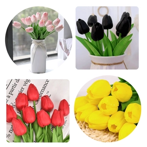 Detailed view of lifelike mini PU tulips in pink, black, red, and yellow for home decor