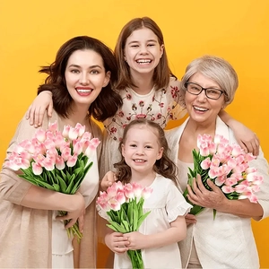 Women of different ages holding realistic pink and white tulip bouquets for home decor