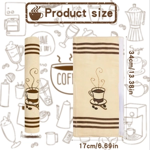 Detailed size map of coffee theme linen handle cover measuring 34cm by 17cm