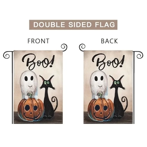 Double-sided Halloween garden flag featuring ghost, black cat, and pumpkin with metal hanger