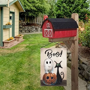 Halloween garden flag featuring ghost, black cat and pumpkin with Boo text on barn mailbox