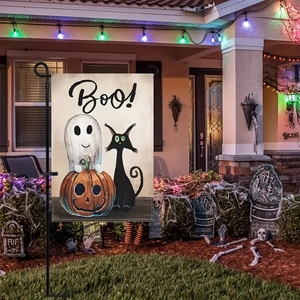 Halloween garden flag with ghost and pumpkin pattern on a black metal stake stand