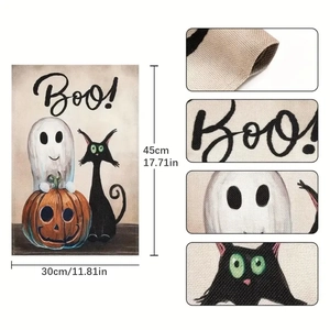 Detail showing Halloween garden flag size 45x30 cm with ghost and pumpkin burlap texture