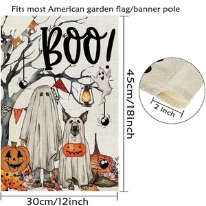 Close-up of 30x45cm Halloween garden flag featuring ghosts and a 2-inch pole sleeve