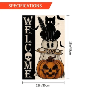 Detailed dimensions showing 12x18 inch Halloween garden flag with ghost and pumpkin