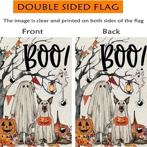 Detailed double-sided Halloween garden flag featuring cute ghosts and pumpkin motifs