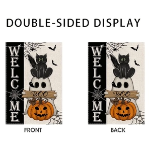 Double-sided Halloween garden flag featuring ghosts and pumpkins on linen fabric