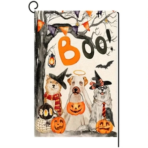 Detail of Halloween garden flag showing dogs with pumpkins and crows on linen texture