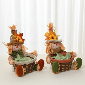 Harvest festival scarecrow candy baskets with sunflower hats and woven textures