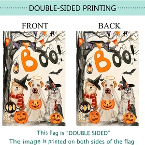 Double-sided Halloween garden flag featuring cute dogs with wizard hats and Boo slogan