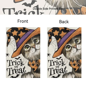 Double-sided Halloween garden flag featuring trick-or-treat cat and witch hat