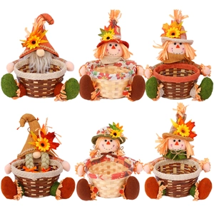 Set of 6 harvest festival gnomes candy baskets with sunflowers and autumn maple leaves