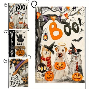 Detail of Halloween garden flags featuring cartoon ghost and pumpkin pets on burlap fabric
