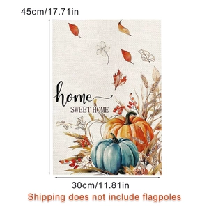 Detail of linen garden flag showing fall pumpkins, autumn leaves and 45x30cm size dimensions