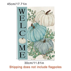 Garden flag dimension chart showing 45x30cm size with pumpkins and Welcome text