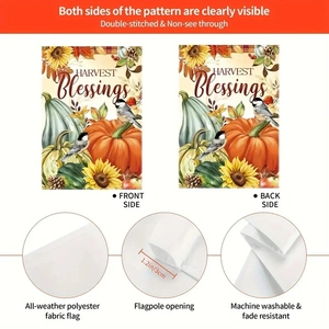 Detail view of double-sided autumn garden flag with harvest theme and rod pocket