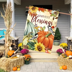 Close-up of double-sided linen garden flag with autumn pumpkins and harvest blessings text