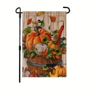 Detailed texture of autumn garden flag featuring bird, pumpkin and fall maple leaves
