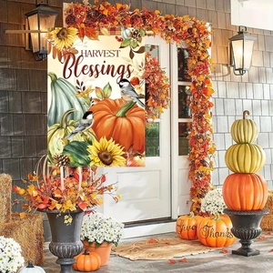 Close-up of Harvest Blessings garden flag with pumpkin and sunflower autumn decor