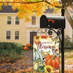 Close-up of Harvest Blessings garden flag with pumpkin and sunflower print on linen fabric