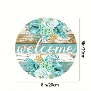 Close-up of 8-inch circular wooden welcome sign with floral patterns and white cursive text