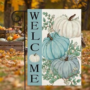 Double-sided linen garden flag with Welcome text, pumpkins and autumn leaves design