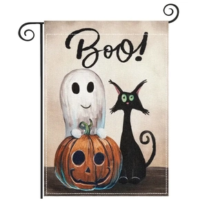 Halloween garden flag with pumpkin, ghost, and black cat on burlap fabric with stand