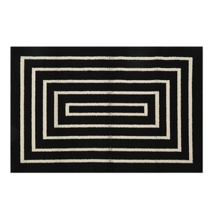 Minimalist rectangular geometric striped doormat with black and white tufted design