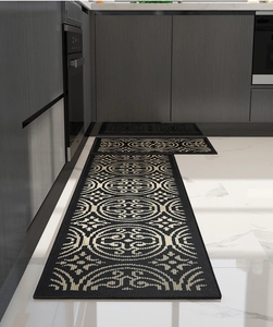 L-shaped kitchen rug set with beige mandala pattern on black non-slip absorbent fabric