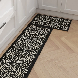 Luxury woven kitchen rugs set with vintage mandala pattern on black and white background