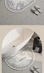Macro shot of D-shaped diatom mud bath mat with palm leaf art and Own Story text