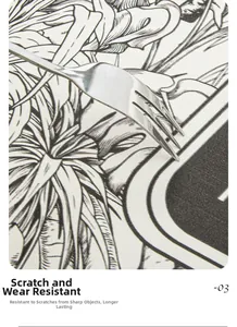 Close-up of scratch-resistant faux leather table mat with elegant black and white botanical patterns