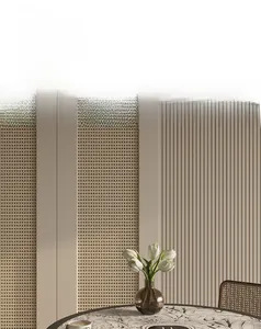 Modern wall paneling detail with woven texture and vertical slatted accent lines