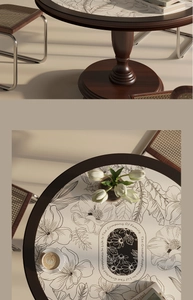 Detail of round faux leather placemat with floral sketches and warm family quote