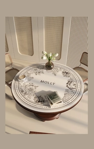Macro shot of a minimalist white round leather placemat with vintage floral sketches