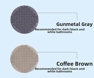 Detail view of round anti-slip shower mats in gun grey and coffee colors with massage nubs