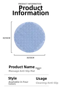 Blue round PVC bath mat with drainage holes and massage texture in 55cm diameter