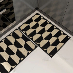 Nordic kitchen mat set with geometric woven pattern on marble floor with modern cabinets